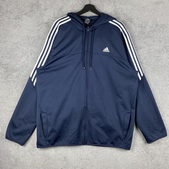 Adidas Hoodie Mens 2XL Navy Blue Full Zip 3-Stripes Athletic Training Jacket - Picture 1 of 16